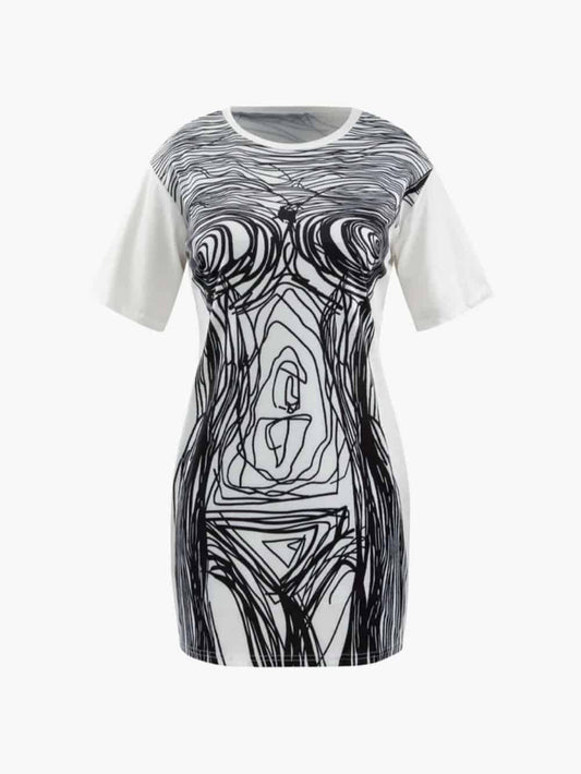 Mini-robe à manches courtes et imprimé linéaire abstrait