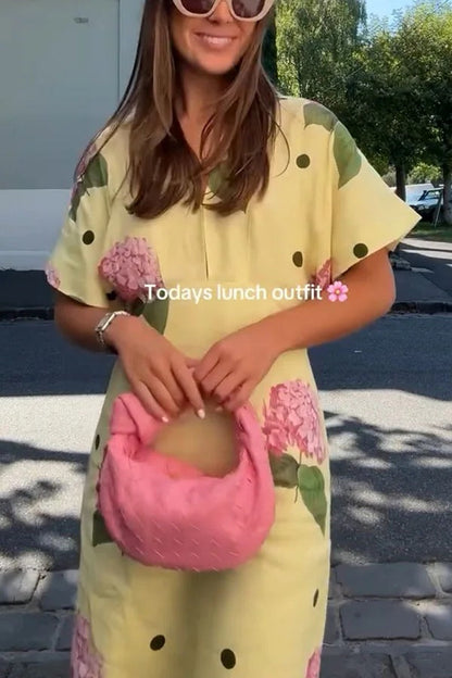 Robe longue chemise manches larges à imprimé pois et fleurs en lin mélangé Jasmine