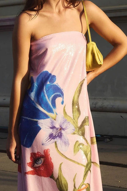 Robe longue de soirée à épaules dénudées avec paillettes et imprimé floral, coupe trapèze
