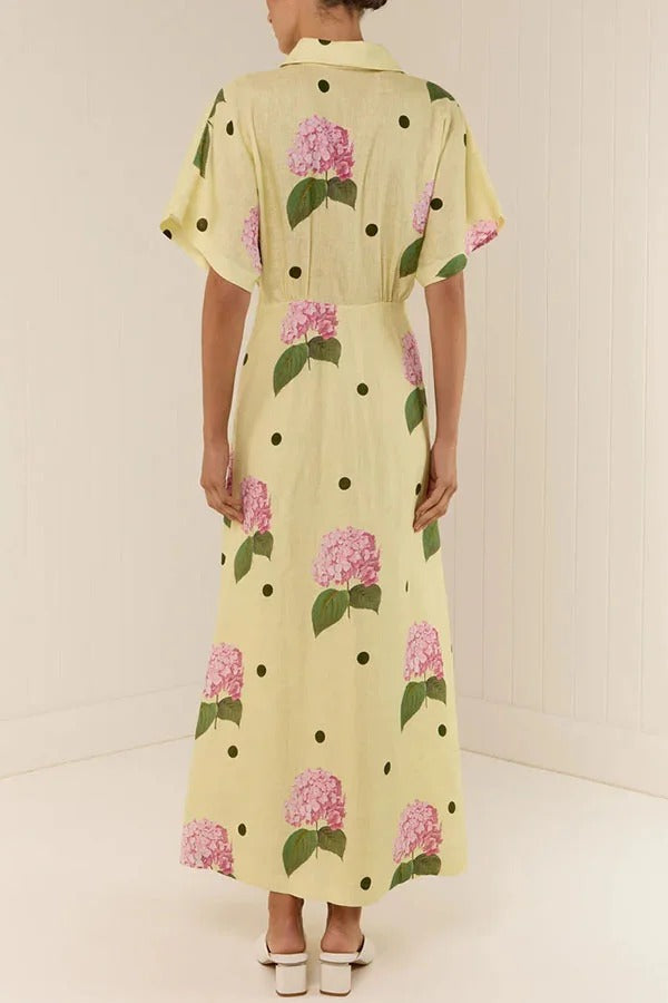 Robe longue chemise manches larges à imprimé pois et fleurs en lin mélangé Jasmine