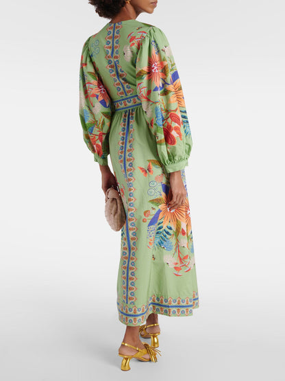 Robe midi à col en V, boutonnage simple et imprimé floral délicat