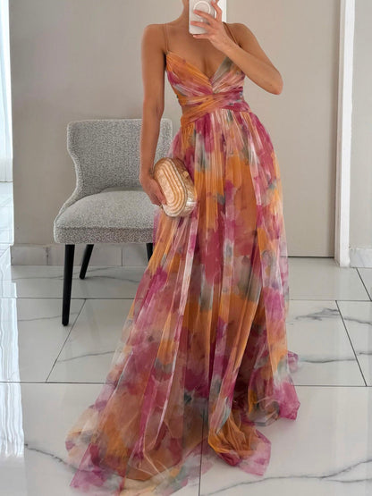 Robe longue trapèze élégante à col en V et imprimé floral peint
