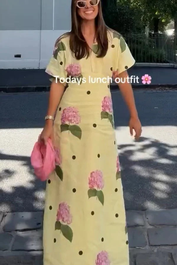 Robe longue chemise manches larges à imprimé pois et fleurs en lin mélangé Jasmine