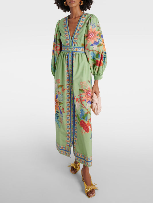 Robe midi à col en V, boutonnage simple et imprimé floral délicat
