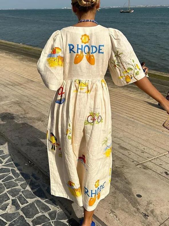 Robe midi à manches bouffantes et imprimé floral folk unique pour les fêtes