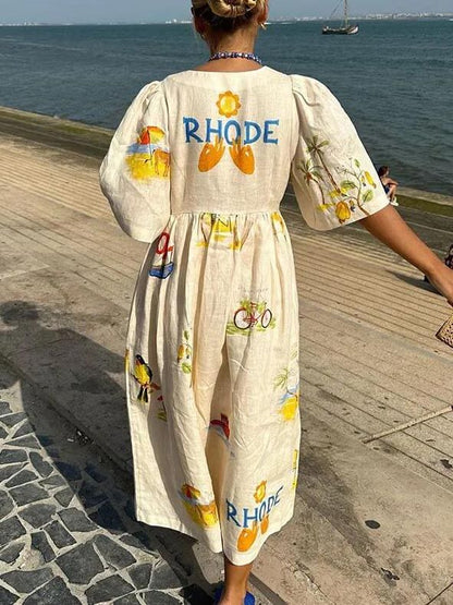 Robe midi à manches bouffantes et imprimé floral folk unique pour les fêtes