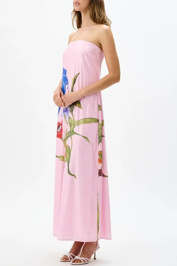 Robe longue de soirée à épaules dénudées avec paillettes et imprimé floral, coupe trapèze
