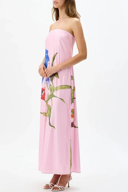 Robe longue de soirée à épaules dénudées avec paillettes et imprimé floral, coupe trapèze