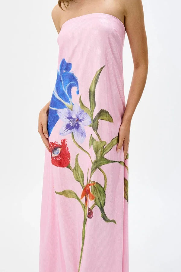 Robe longue de soirée à épaules dénudées avec paillettes et imprimé floral, coupe trapèze