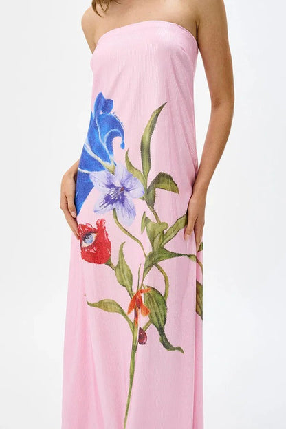Robe longue de soirée à épaules dénudées avec paillettes et imprimé floral, coupe trapèze