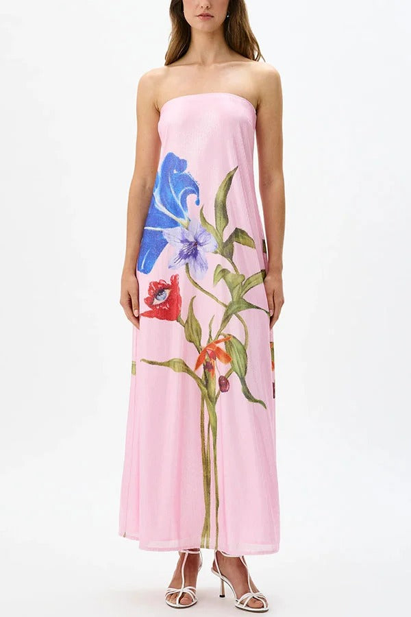 Robe longue de soirée à épaules dénudées avec paillettes et imprimé floral, coupe trapèze