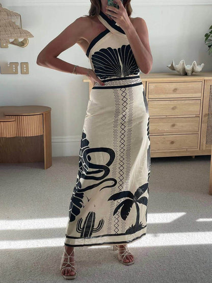 Robe longue élégante et sexy à imprimé ethnique, coupe moulante et dos nu