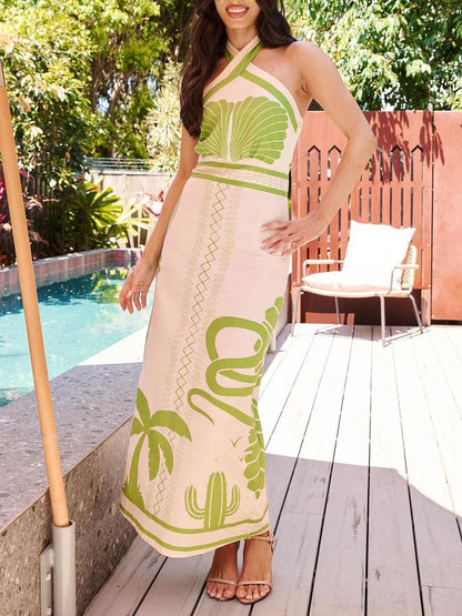 Robe longue élégante et sexy à imprimé ethnique, coupe moulante et dos nu
