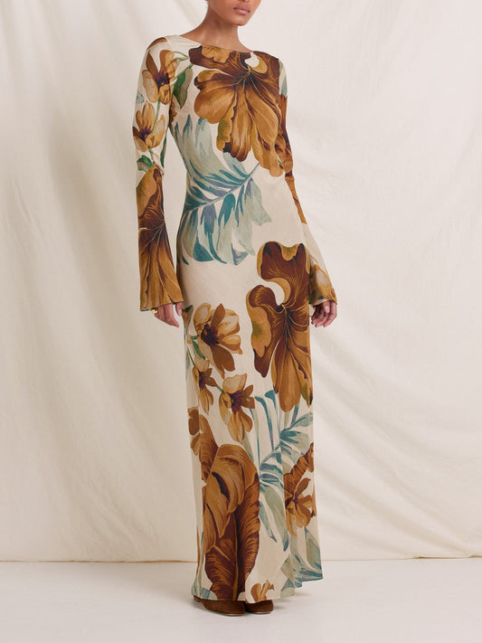 Robe longue à motifs végétaux dessinés à la main