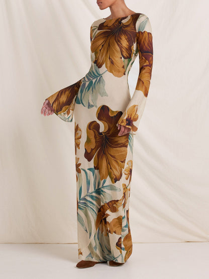 Robe longue à motifs végétaux dessinés à la main