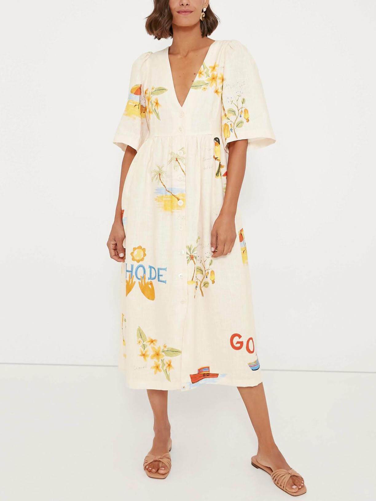 Robe midi à manches bouffantes et imprimé floral folk unique pour les fêtes