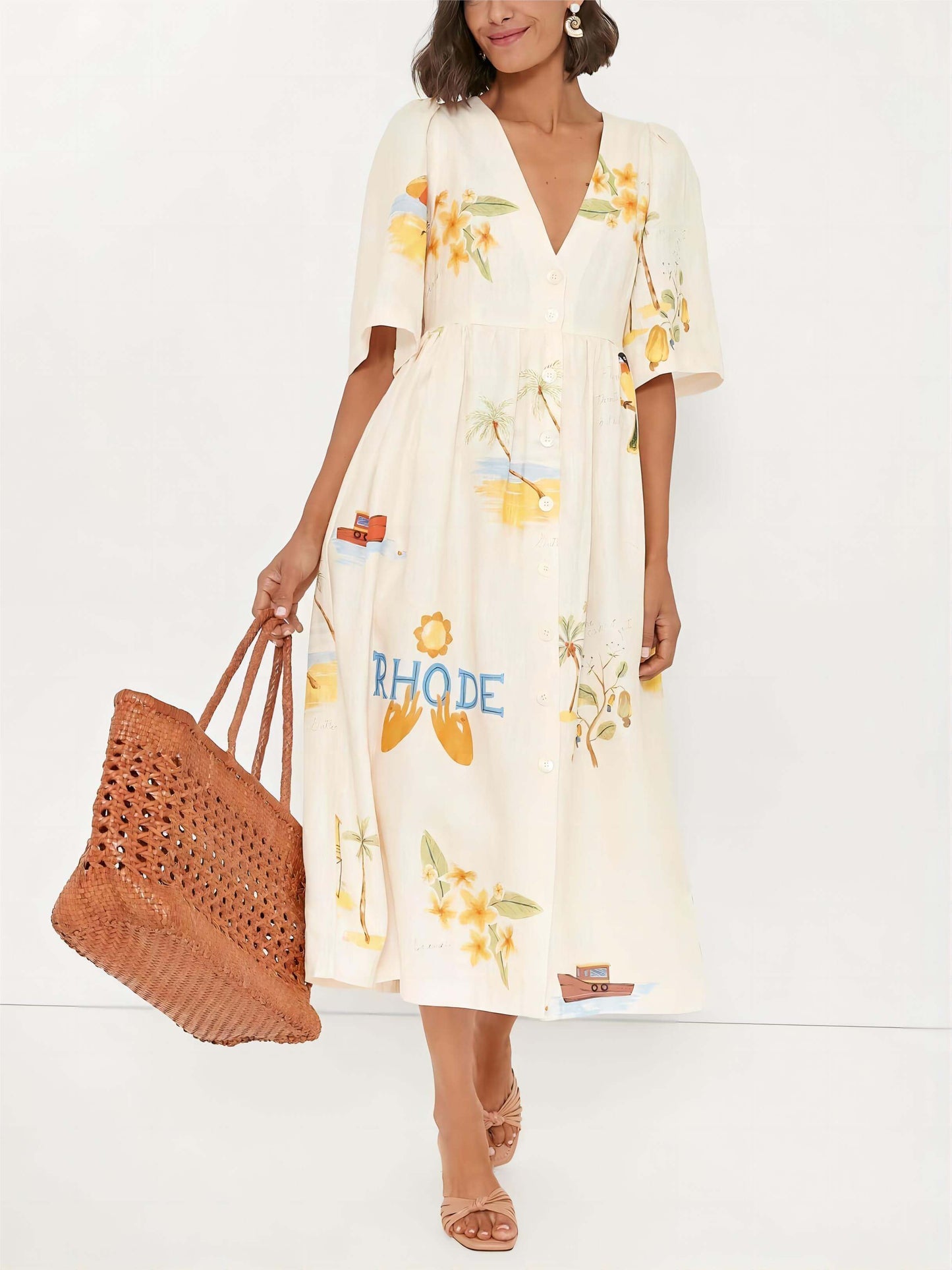 Robe midi à manches bouffantes et imprimé floral folk unique pour les fêtes